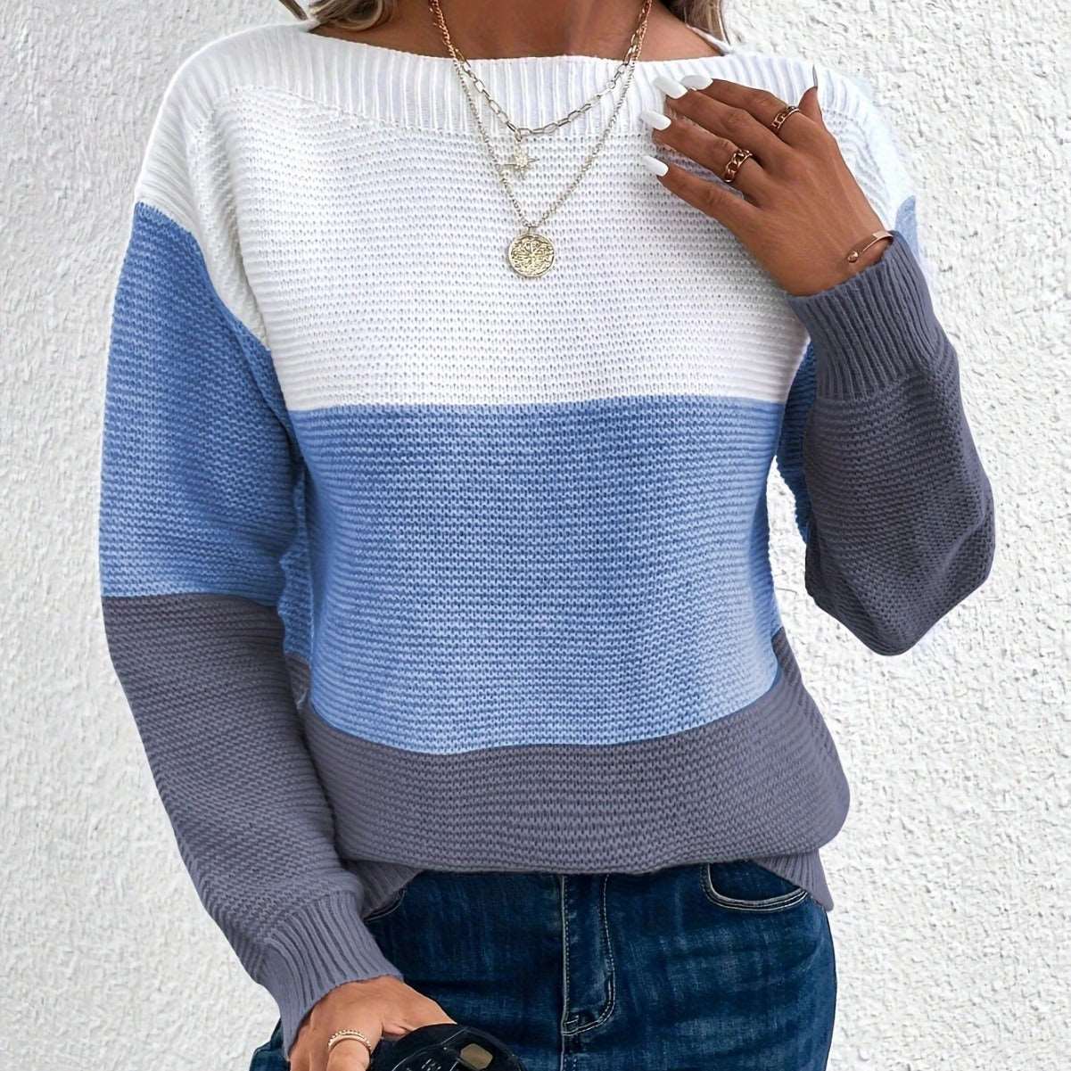Rundhals-Langarm-Colorblock-Pullover in 8 Farben S-XL