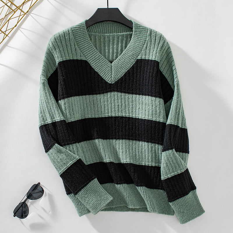 V-Neck Long Sleeve Striped Sweater