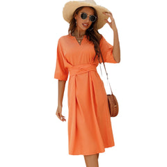 Orangefarbenes A-Linien-Midikleid mit V-Ausschnitt, hoher Taille und kurzen Ärmeln S-XL