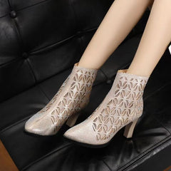 Bottines à talons hauts avec maille et strass en 2 couleurs