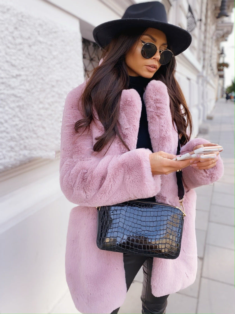 Fake Fur Long Sleeve Open Coat with Lapel in 5 Colors S-5XL