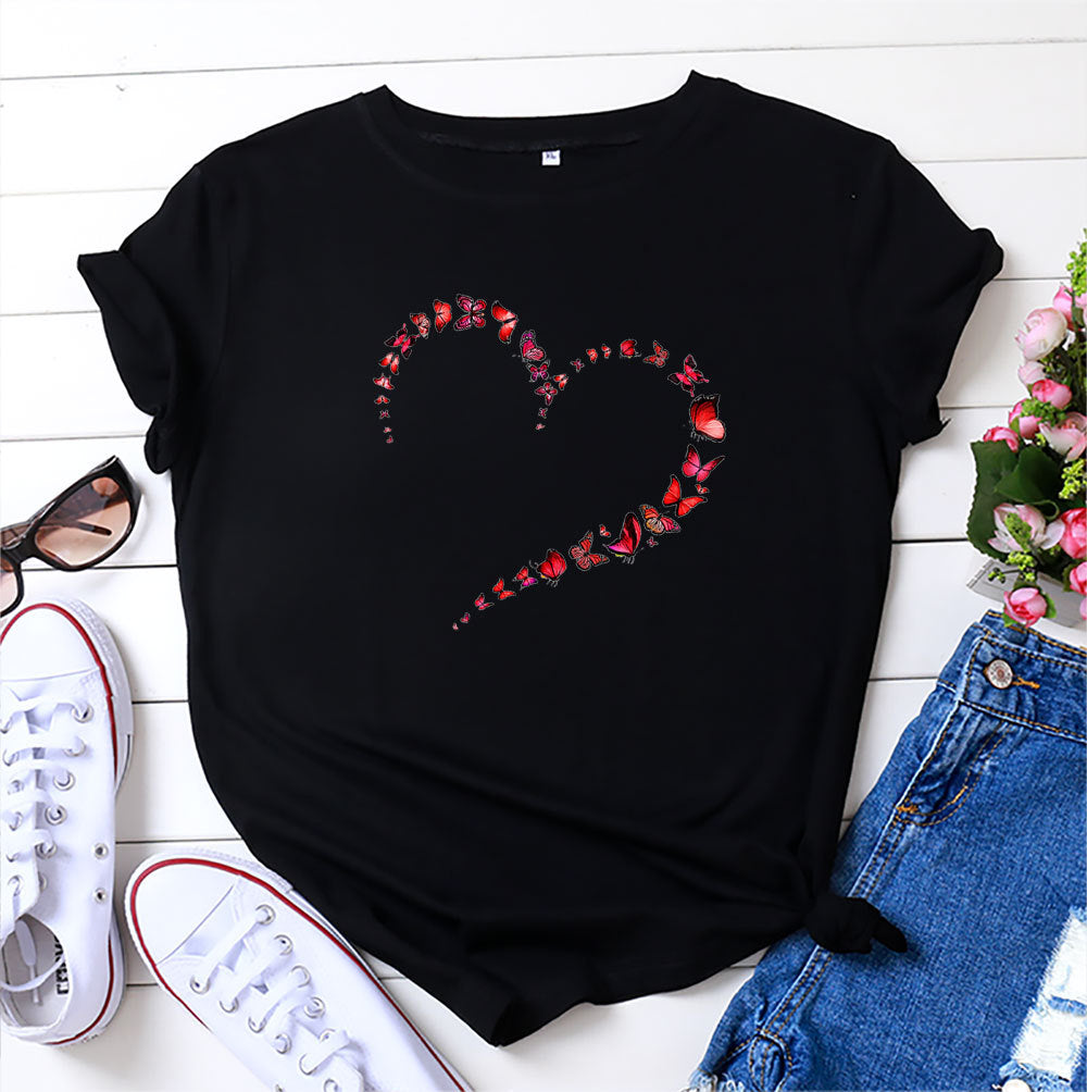 Kurzarm-Top mit Herz-Schmetterling in 12 Farben S-4XL