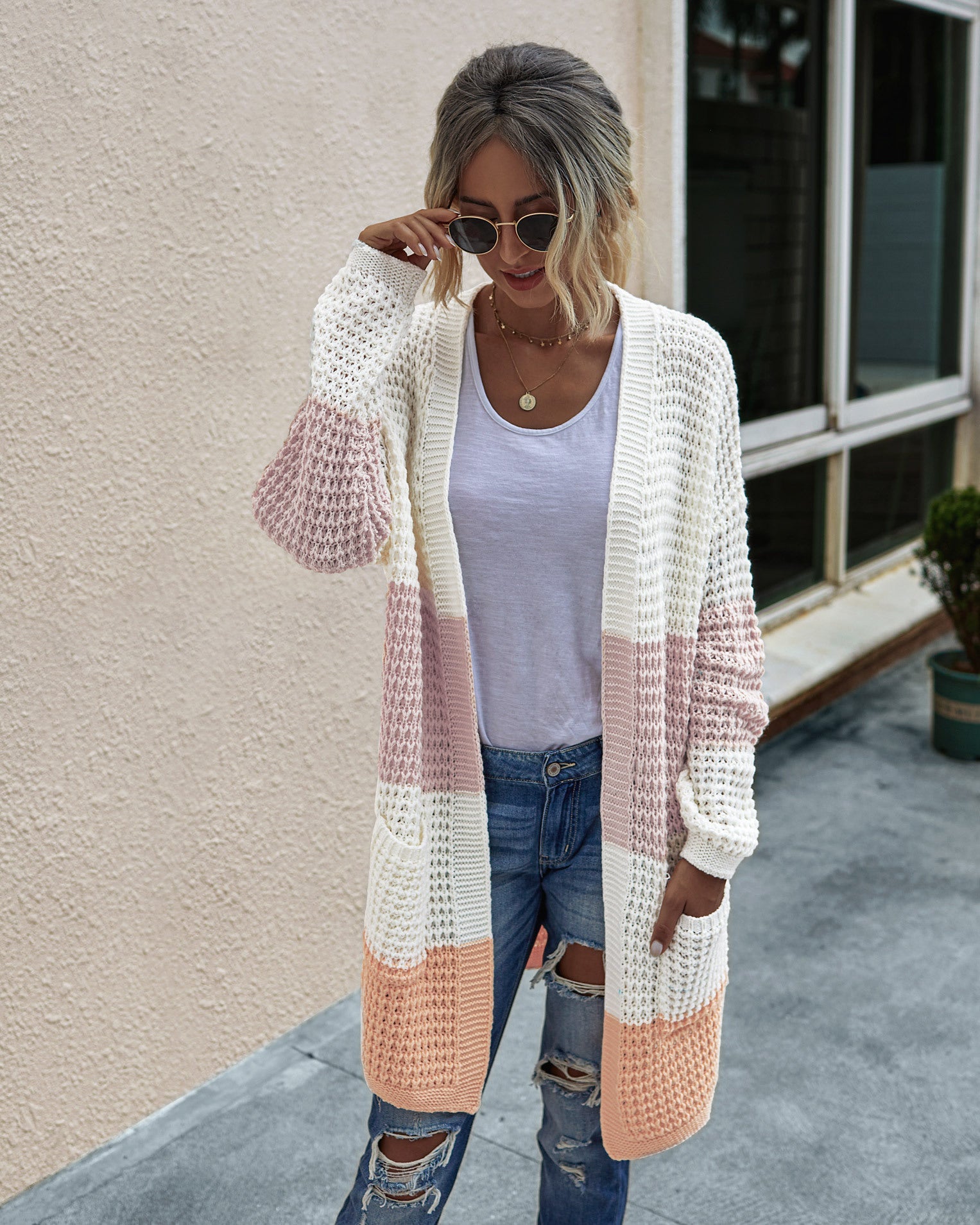 Knit Colorblock Cardigan with Pockets