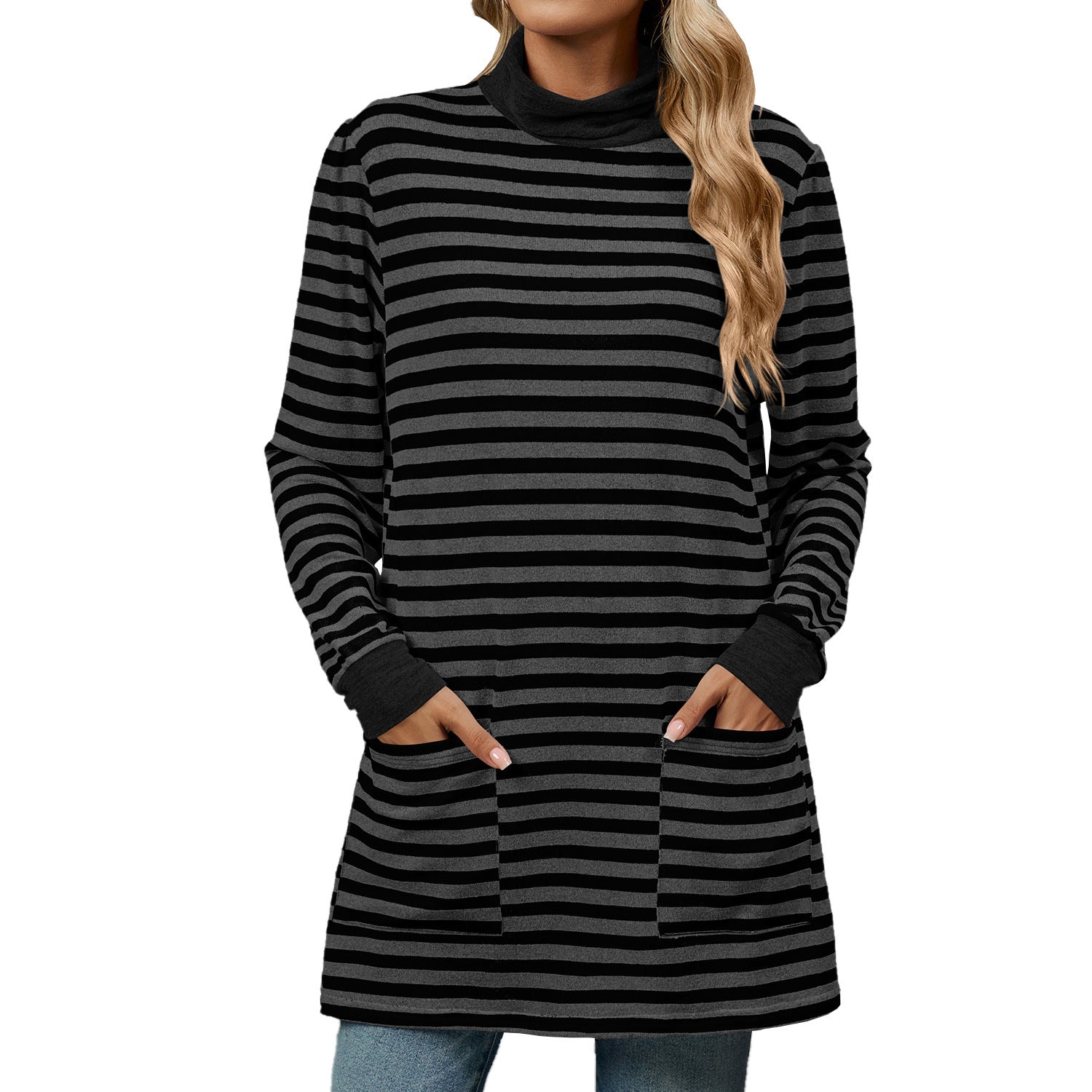Turtleneck Striped Long Sleeve Shirt with Pockets