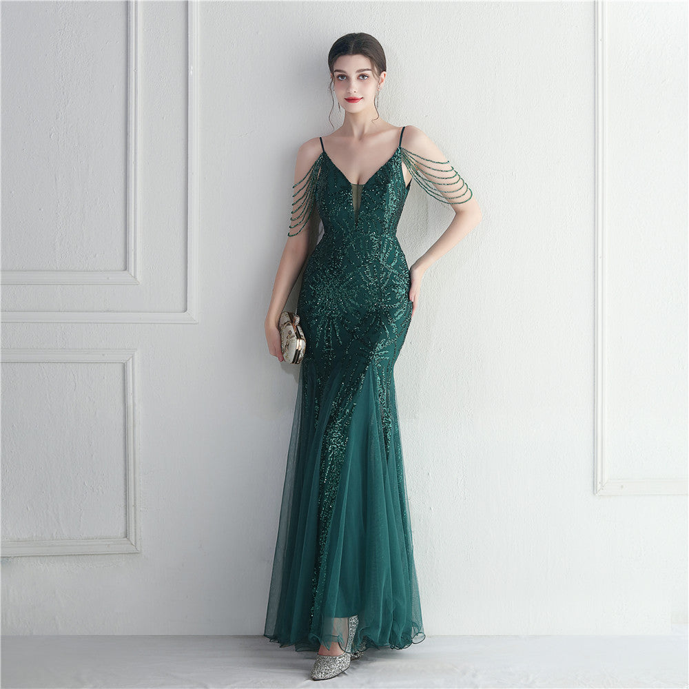 Elegant High Waist Evening Gown with Spaghetti Straps
