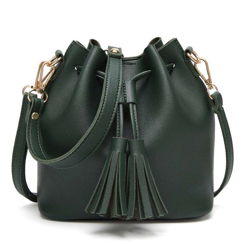 PU Leather Solid Color Bucket Bag with Tassels