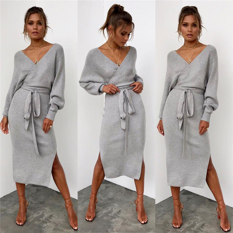 Long Sleeve V-Neck Sweater Dress with Waist Tie