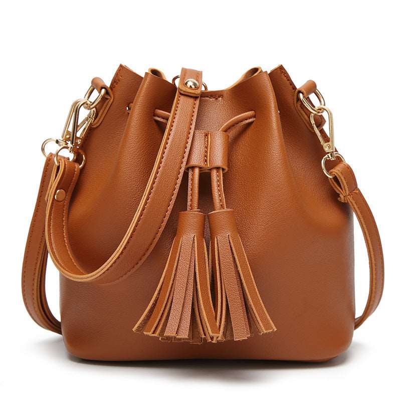 PU Leather Solid Color Bucket Bag with Tassels