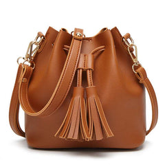 PU Leather Solid Color Bucket Bag with Tassels
