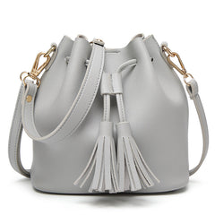 PU Leather Solid Color Bucket Bag with Tassels