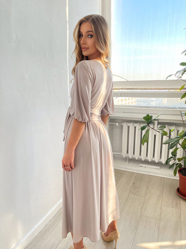 Robe mi-longue à col en V et manches courtes avec lien à la taille, disponible en 6 couleurs (S-XL)