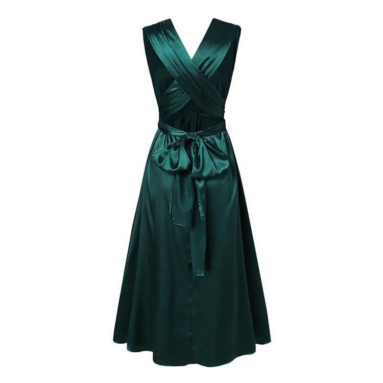 Sleeveless V-Neck  Evening Dress with Waist Tie in 3 Colors XXS-3XL