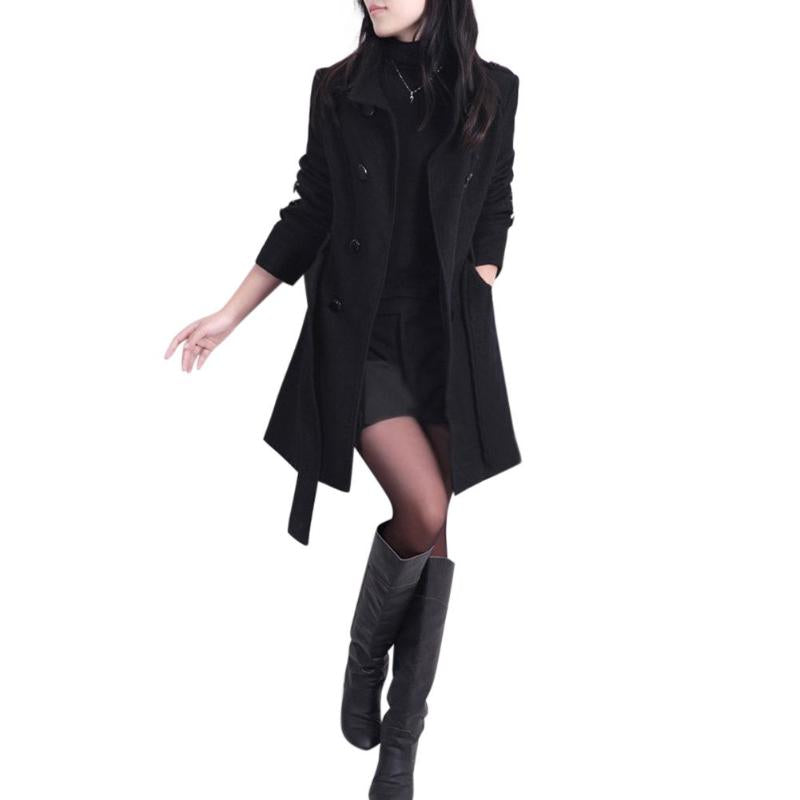 Woolen Long Sleeve Coat with Waist Tie in 2 Colors M-5XL