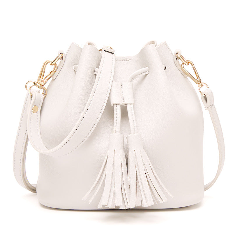 PU Leather Solid Color Bucket Bag with Tassels