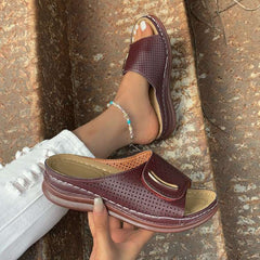 Round Toe PU Leather Slip-On Sandals with Short Wedge Heel in 3 Colors