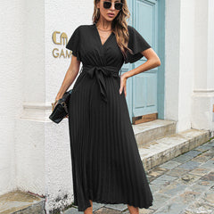 V-Neck Short Sleeve Pleated Chiffon Maxi Dress with Waist Tie