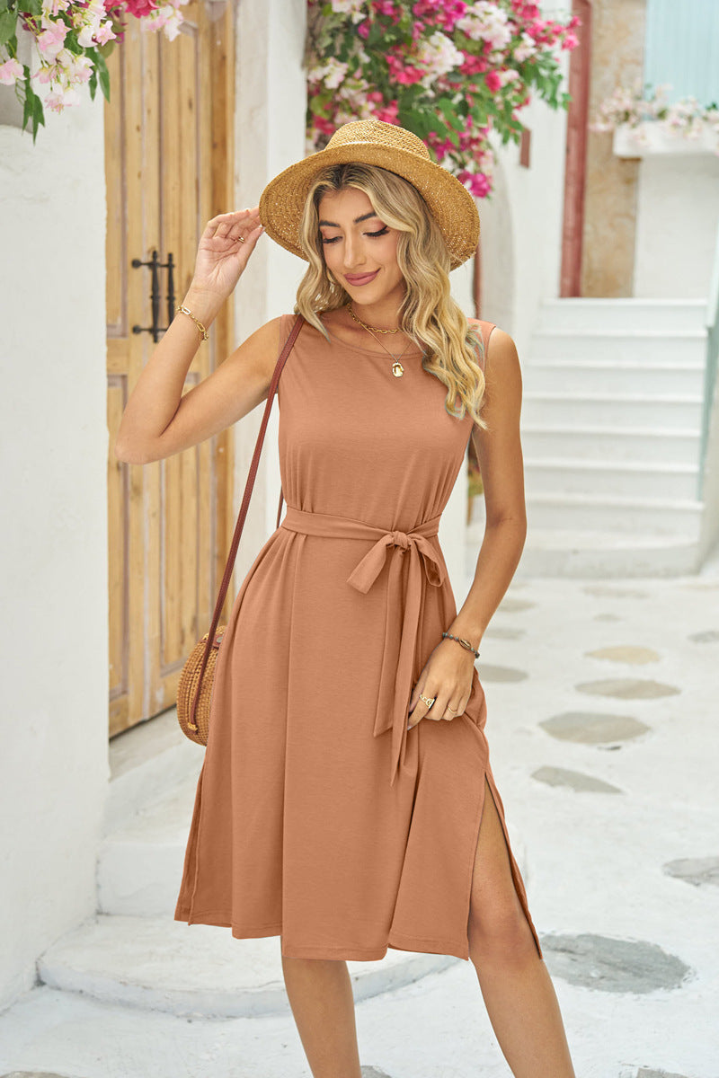 Sleeveless Midi Dress with Pockets and Waist Tie