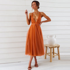 V-Neck Sleeveless Formal Dress with Gauze Overlay