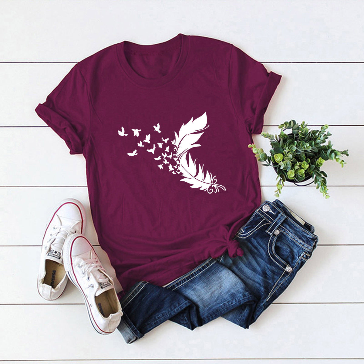 Kurzarm-Top mit Feder-Print in 12 Farben S-5XL