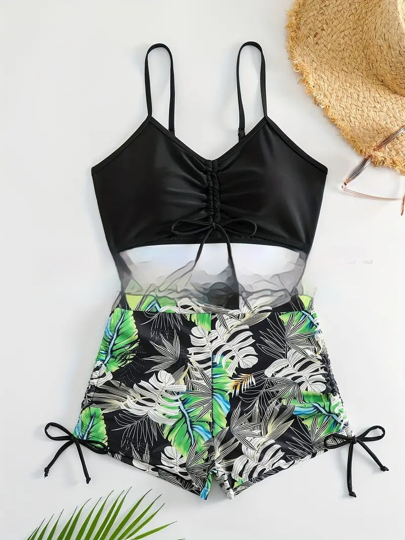 Tropical Print Two-Piece Bikini with Shorts in 4 Colors S-2XL