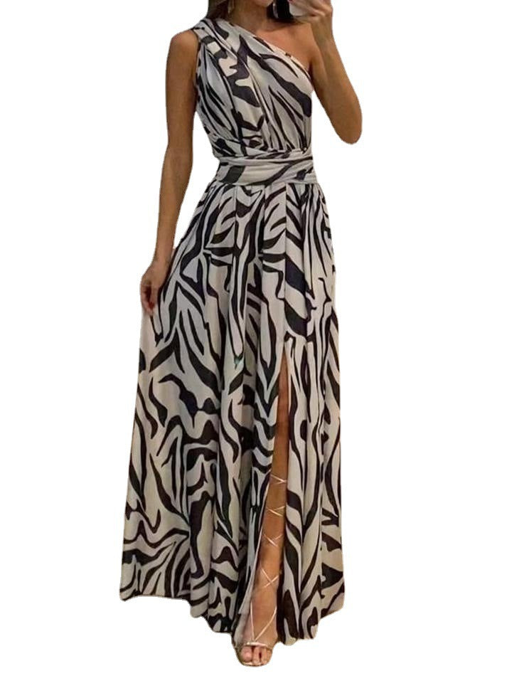 Robe longue imprimée sans manches à une épaule, disponible en 3 couleurs, tailles S à XXL