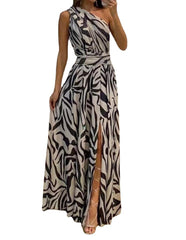 Robe longue imprimée sans manches à une épaule, disponible en 3 couleurs, tailles S à XXL