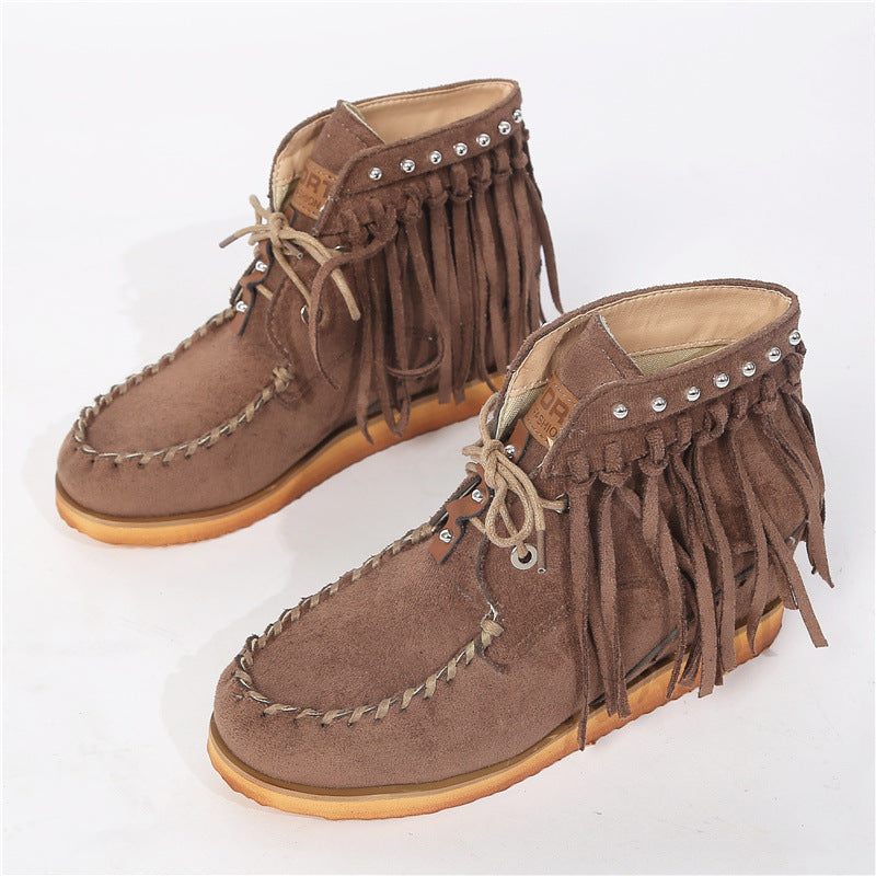 Suede Lace-Up Moccasins with Fringe and Thick Sole in 3 Colors