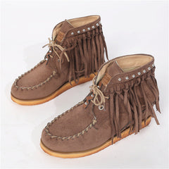 Suede Lace-Up Moccasins with Fringe and Thick Sole in 3 Colors