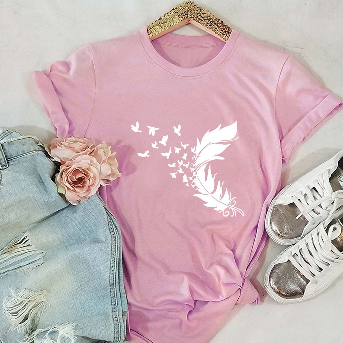 Kurzarm-Top mit Feder-Print in 12 Farben S-5XL