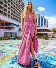 V-Neck Halter Maxi Dress with Open Back in 12 Colors S-XXL