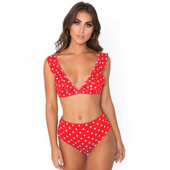 Bikini taille haute à volants et col en V à pois