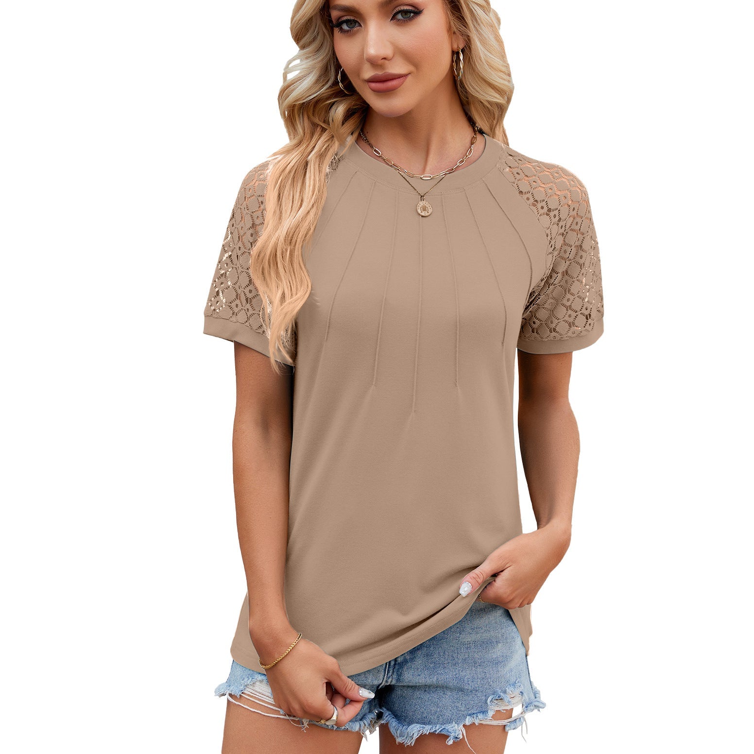 Round Neck Short Lace Sleeve Pleated Top in 8 Colors S-XXL