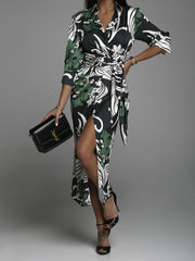 Elegant V-Neck Long Sleeve Wrap Formal Dress with Lapel