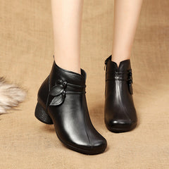 Thick Heel Plush Warm Leather Boots in 2 Colors