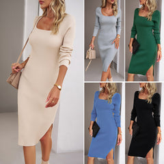 Square Neckline Woolen Dress in 5 Colors S-XL
