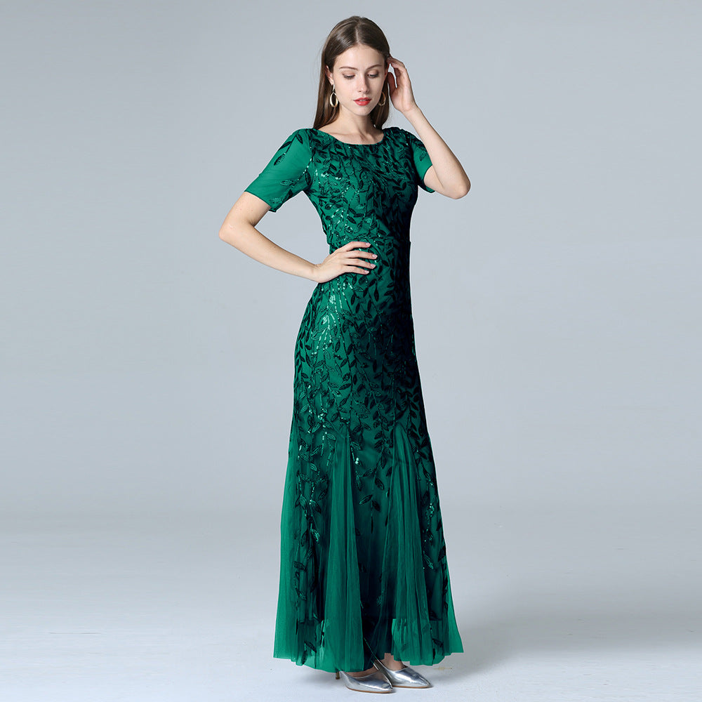 Elegant Short Sleeve Evening Gown with Chiffon and Lace Overlay
