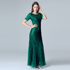 Elegant Short Sleeve Evening Gown with Chiffon and Lace Overlay