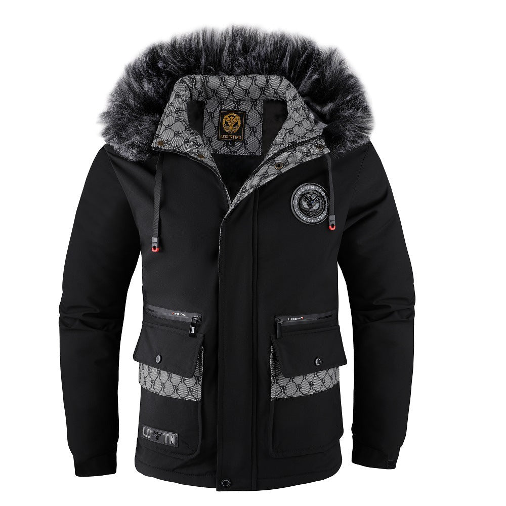 Herrenjacke mit abnehmbarer, pelzgefütterter Kapuze