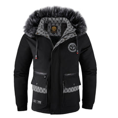 Herrenjacke mit abnehmbarer, pelzgefütterter Kapuze
