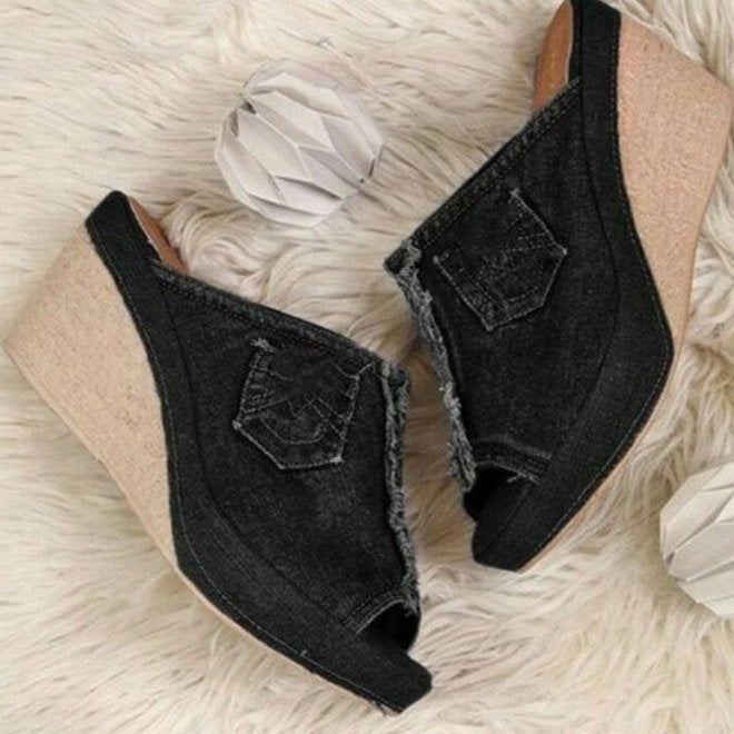 Denim High Heel Wedge Sandals in 2 Colors
