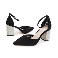 Pointed Toe Chunky High Heels with Ankle Strap in 2 Colors
