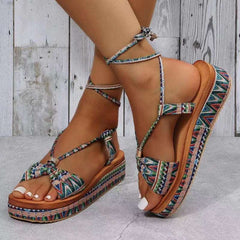 Printed Bohemian Wedge Heel Sandals with Ankle Strap