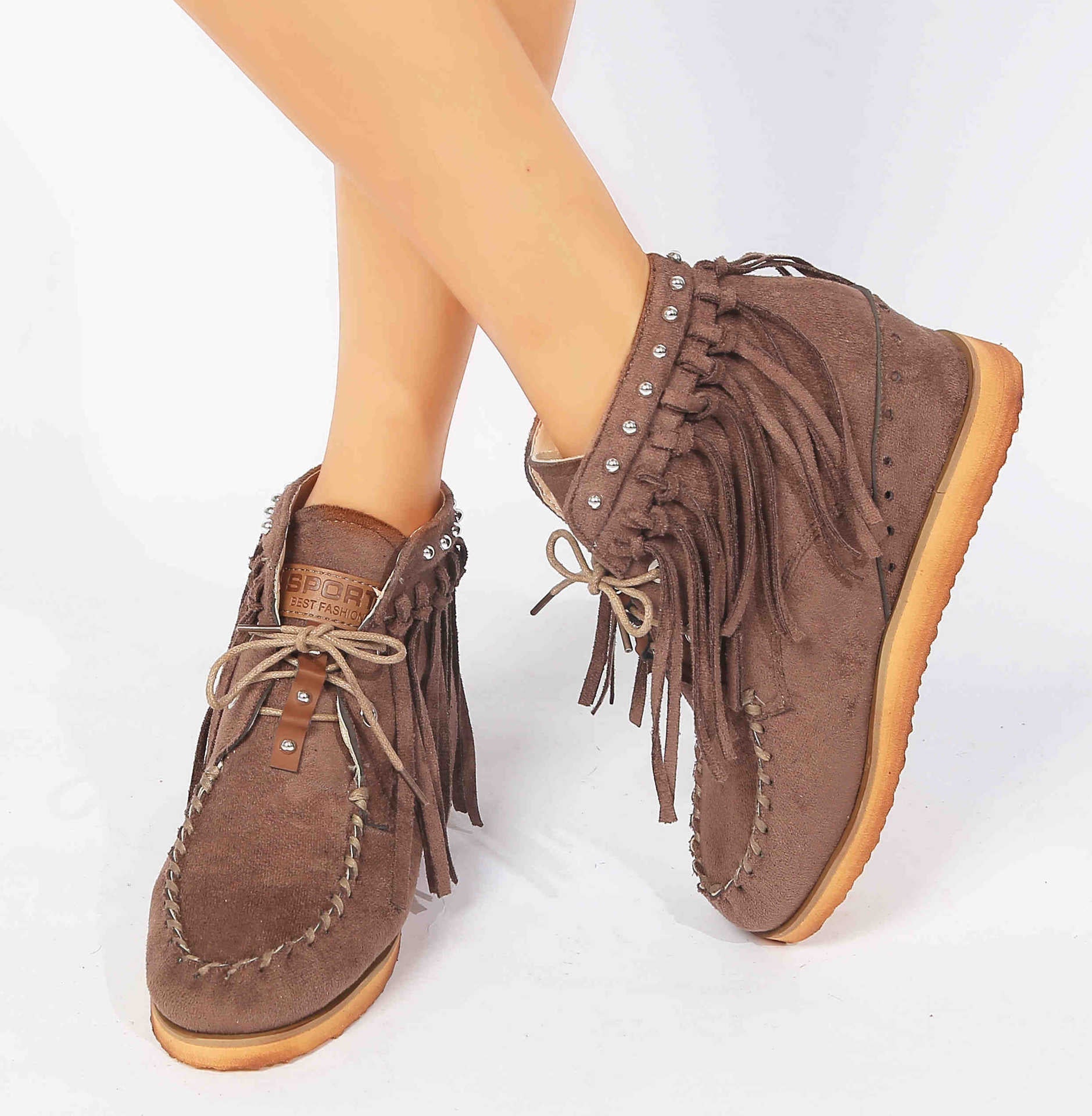Suede Lace-Up Moccasins with Fringe and Thick Sole in 3 Colors