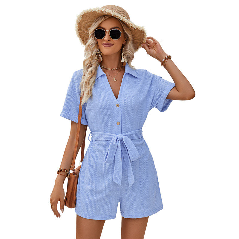 Short Sleeve V-Neck Romper with Lapel and Waist Tie in 3 Colors S-XL