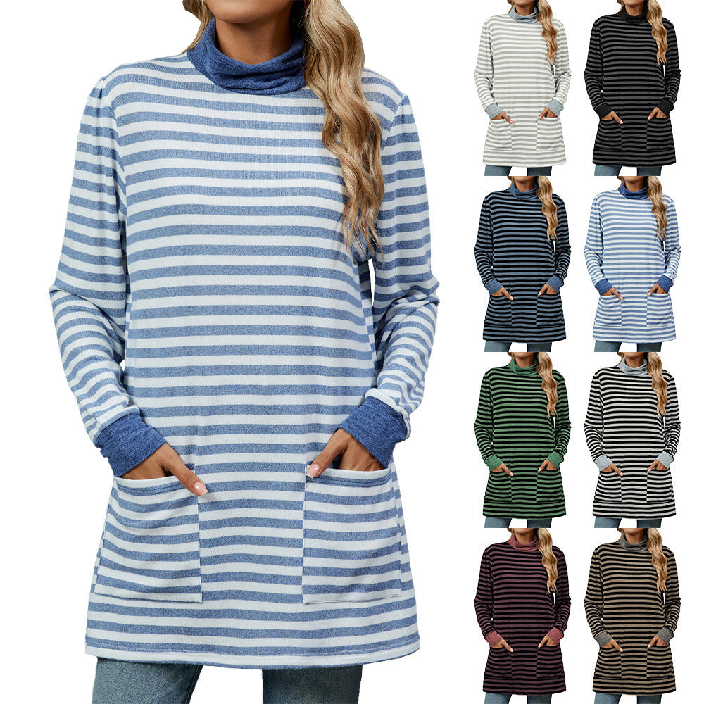 Turtleneck Striped Long Sleeve Shirt with Pockets
