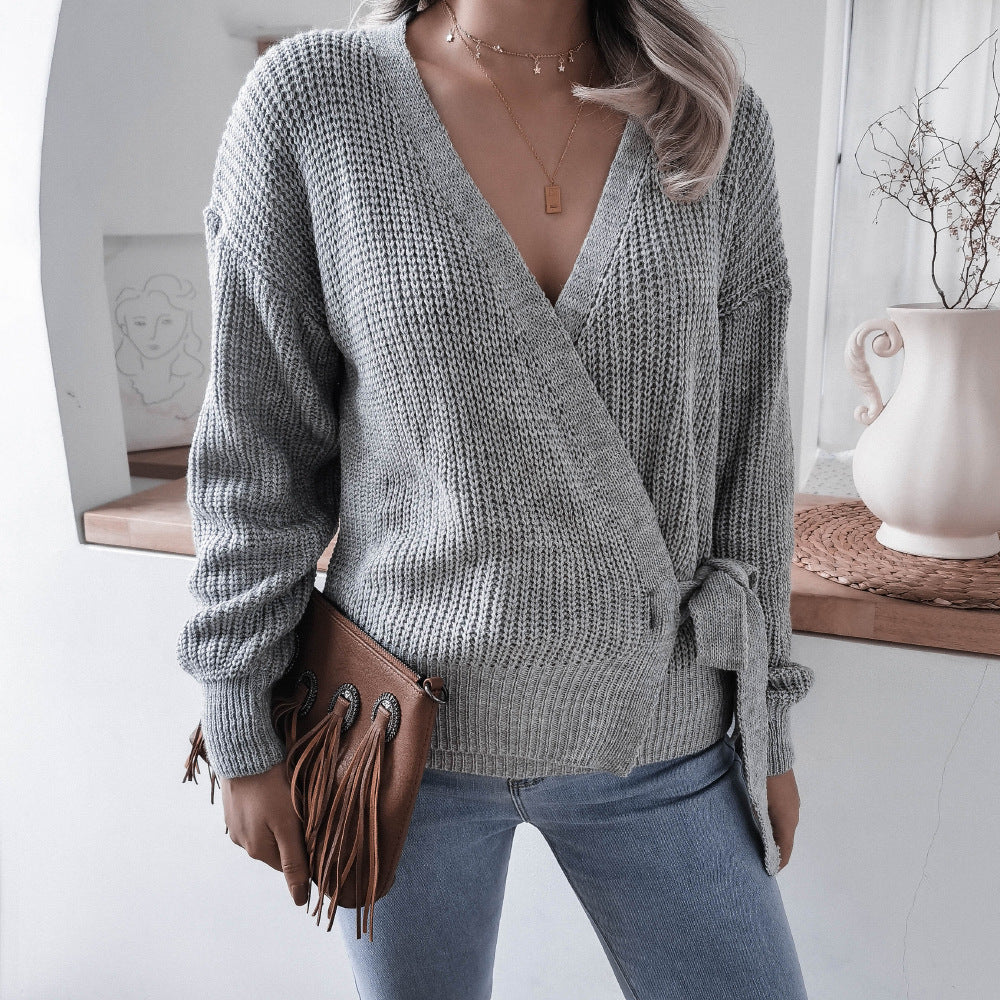 V-Neck Long Sleeve Wrap Knit Sweater with Waist Tie in 4 Colors S-XL