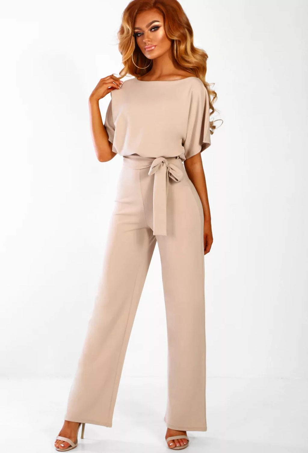 Boat Neck Short Sleeve Jumpsuit with Waist Tie in 7 Colors S-3XL