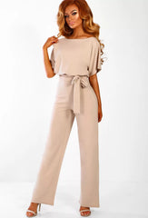 Boat Neck Short Sleeve Jumpsuit with Waist Tie in 7 Colors S-3XL