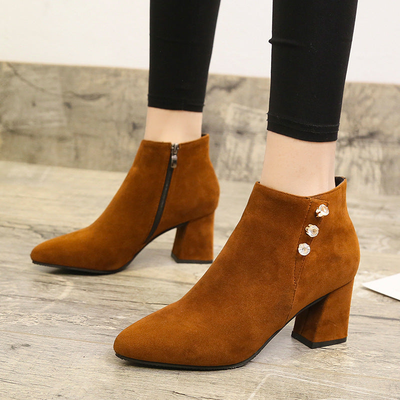 Suede Pointed Toe Thick Heel Martin Boots in 2 Colors