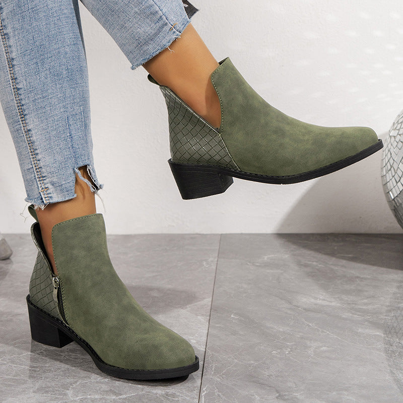 Leather Side Zip Square Heel Ankle Boots in 2 Colors